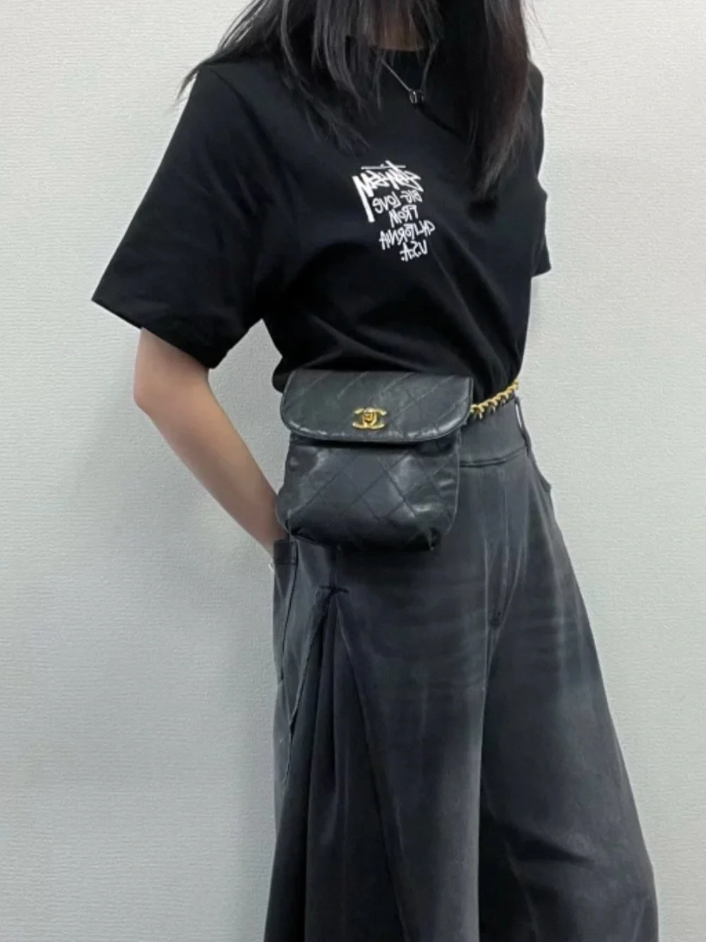 Authentic CHANEL vintage black wild stitch Lambskin bun bag belt 70cm